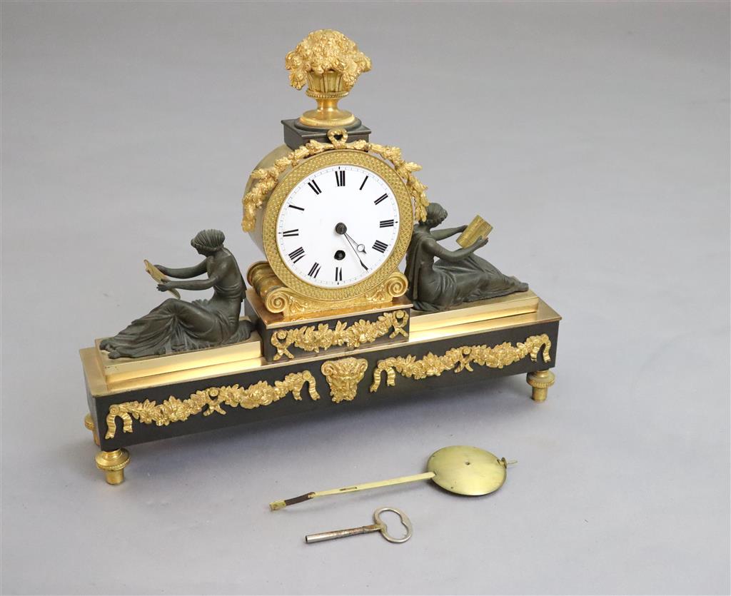 Thos. Hawley, 75 Strand, London. A Regency bronze and ormolu mantel timepiece, width 14.5in. depth 3in. height 12in.